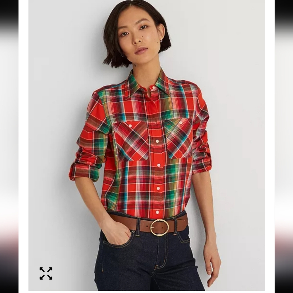 Ralph Lauren Black Label Madras Plaid Button Down Shirt Red Green Cotton